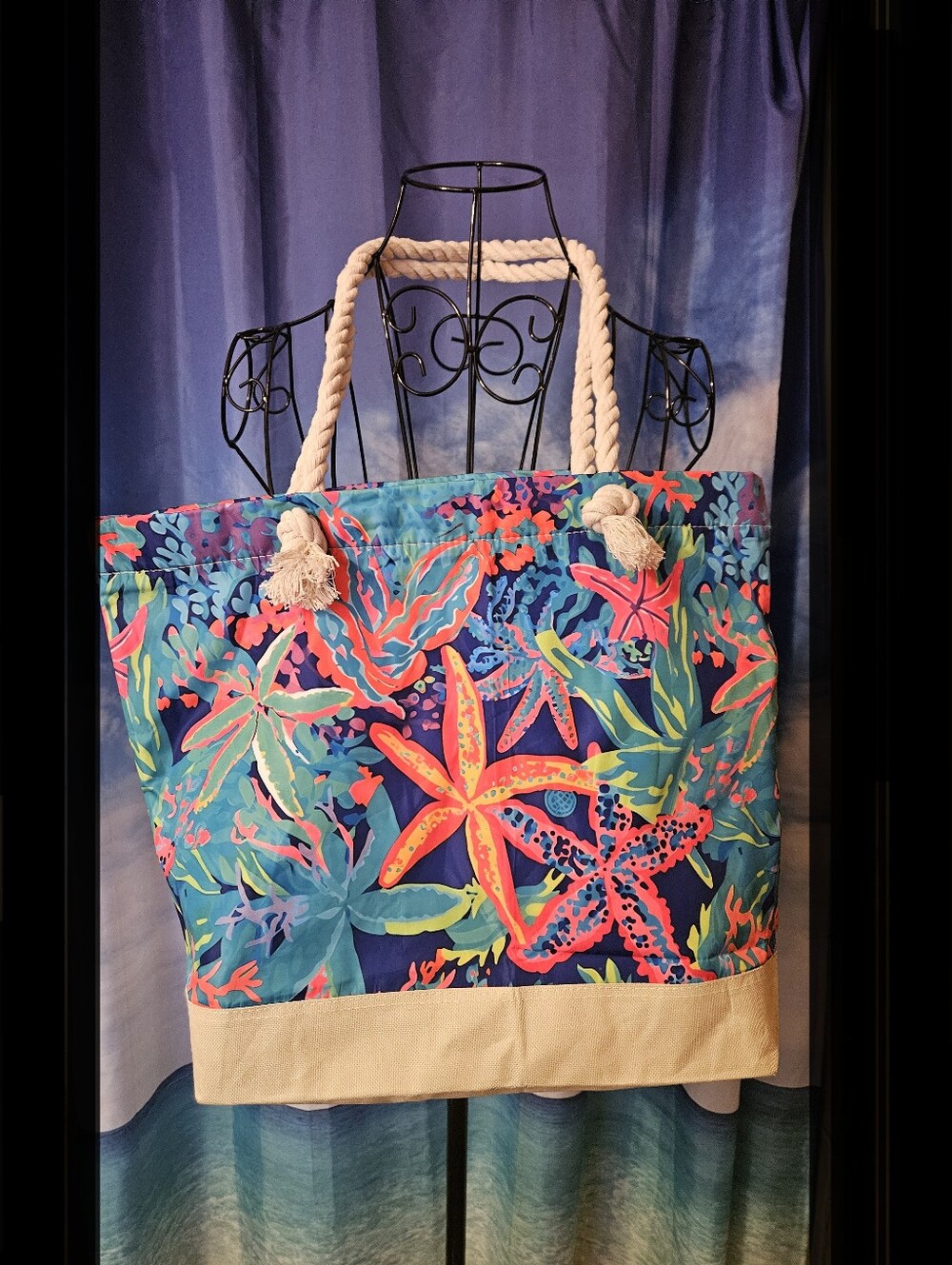 Tropical Starfish Print Rope-Handle Tote Bag - Navy & Multicolor - Picture 8 of 9